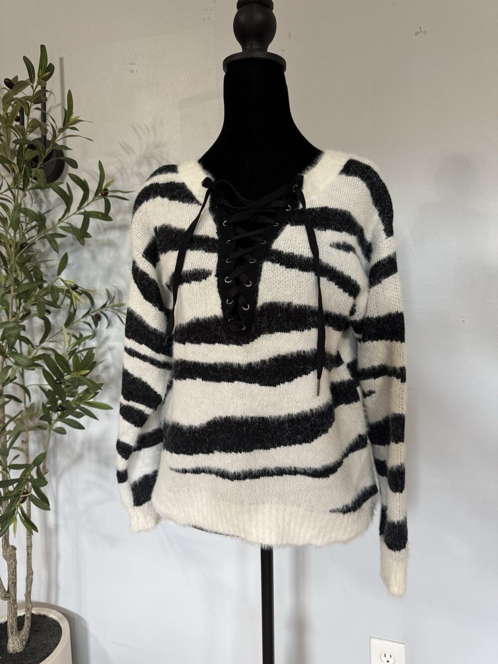 BOSTON PROPER Animal Zebra Print Furry Long Sleeve Strapped Sweater S